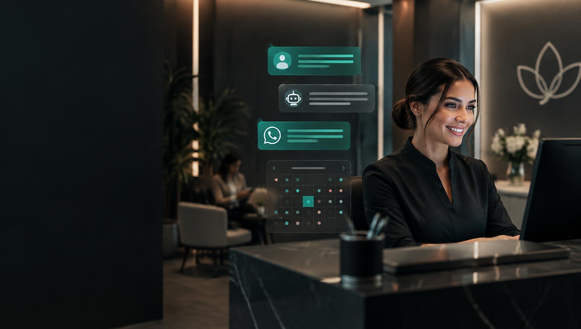 Recepcionista utilizando atendimento automatizado e agenda digital